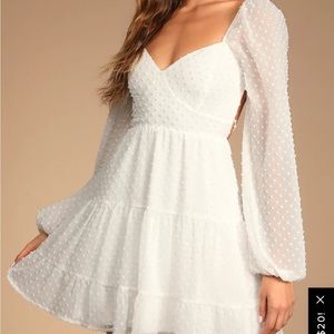 White Swiss Dot Puff Long Sleeve Mini Dress- ONLY WORN ONCE- BRIDAL SHOWER DRESS